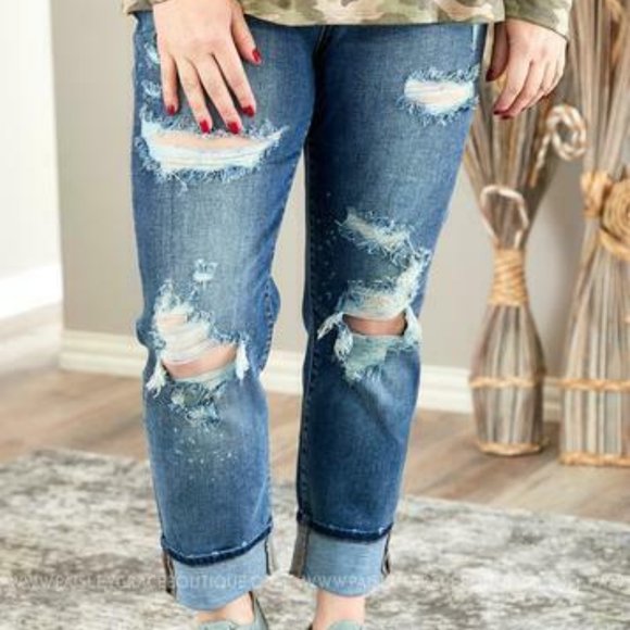 Judy Blue Denim - Judy Blue Destroyed Distressed Boyfriend Jeans Women's Plus Size 14W H11774